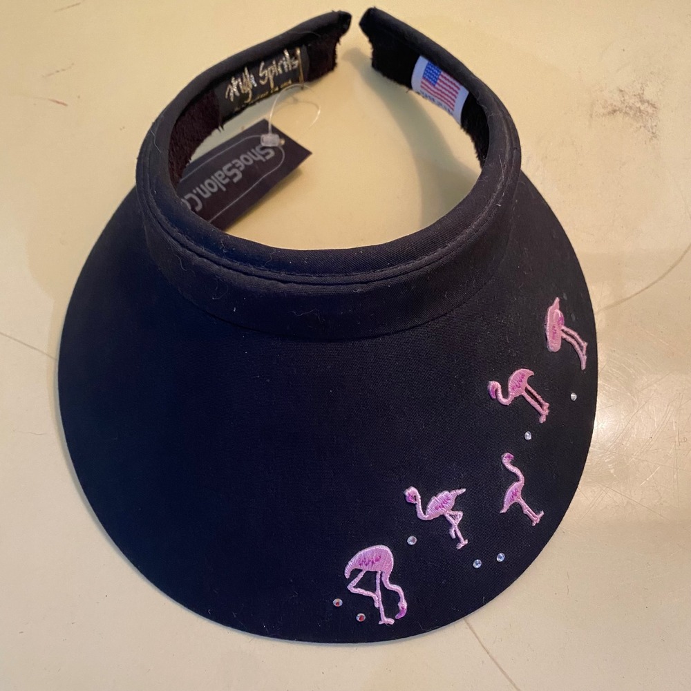 High Spirits Black Visor w/Embroidered Flamingos. ‎ Some Bling.  NWT